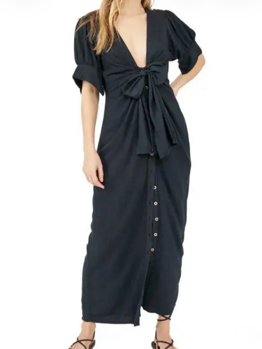 Free People Vintage Summer Black Maxi Dress XS Tie Front Puff Sleeve NWST